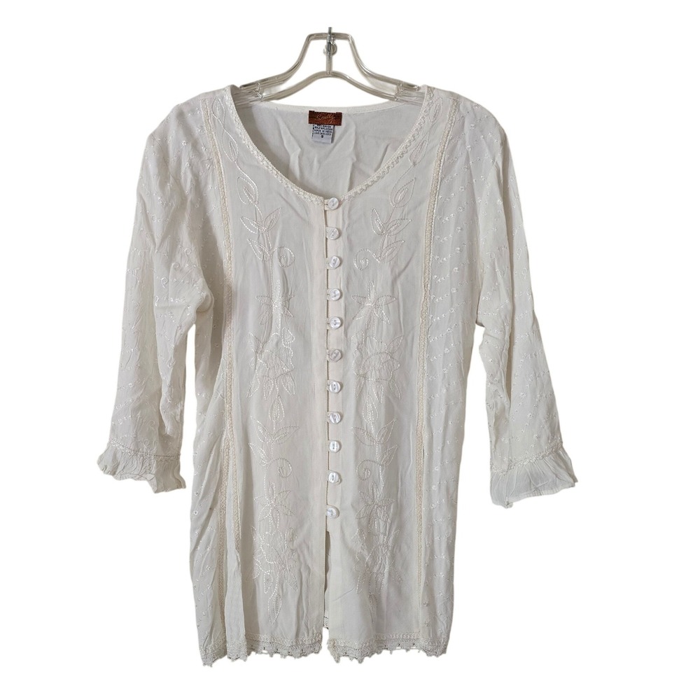 Scully Cantina White Embroidered Lace Trim Button Front Blouse Top Small